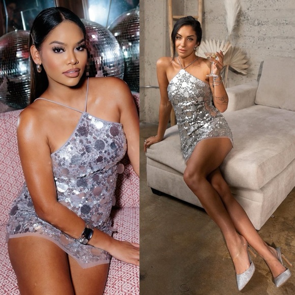 Lovers + Friends Quinn Sequin Embellished Mini Dress Silver NEW with tags